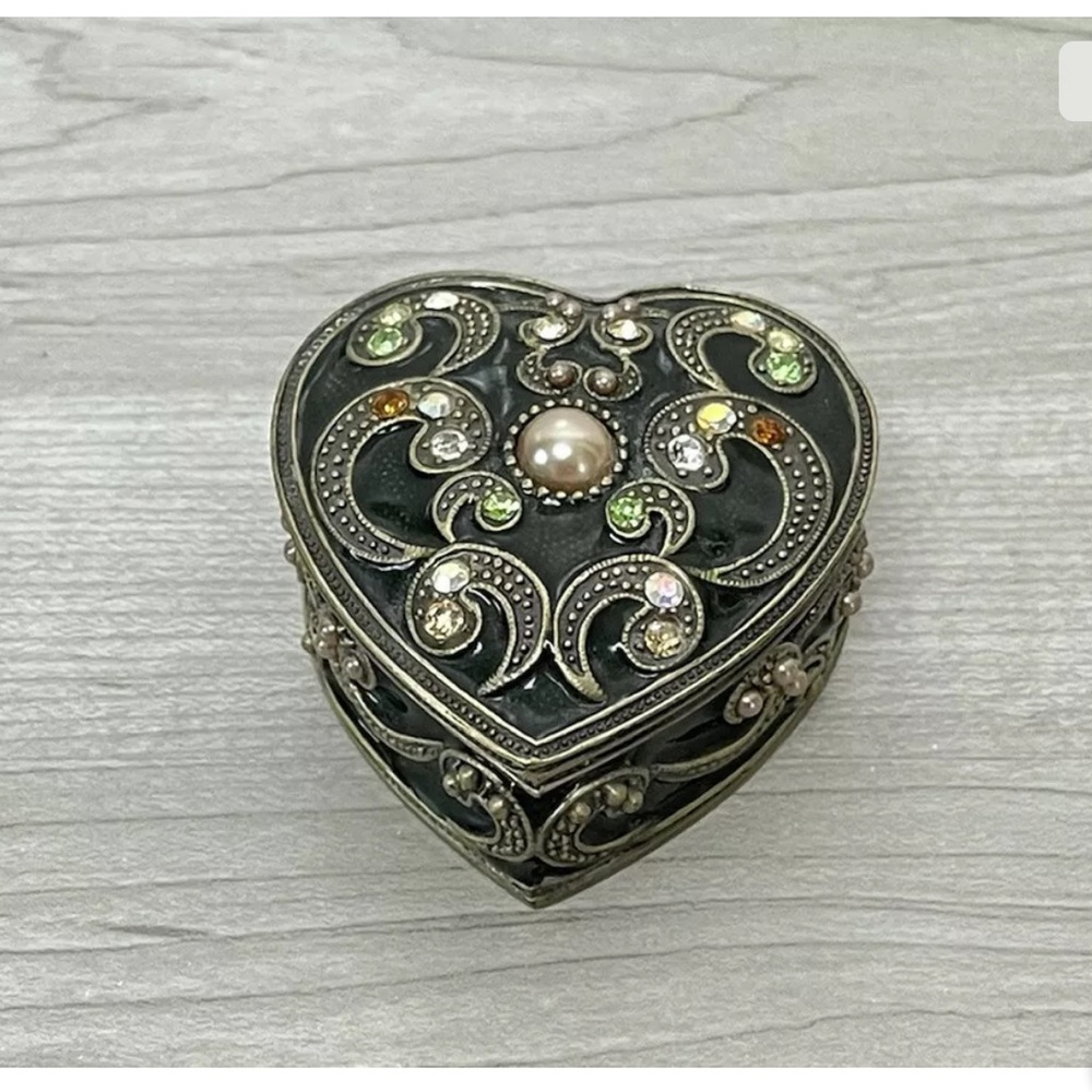 Enamel and Brass Heart Shape Trinket Box with Jewel Accents J-094